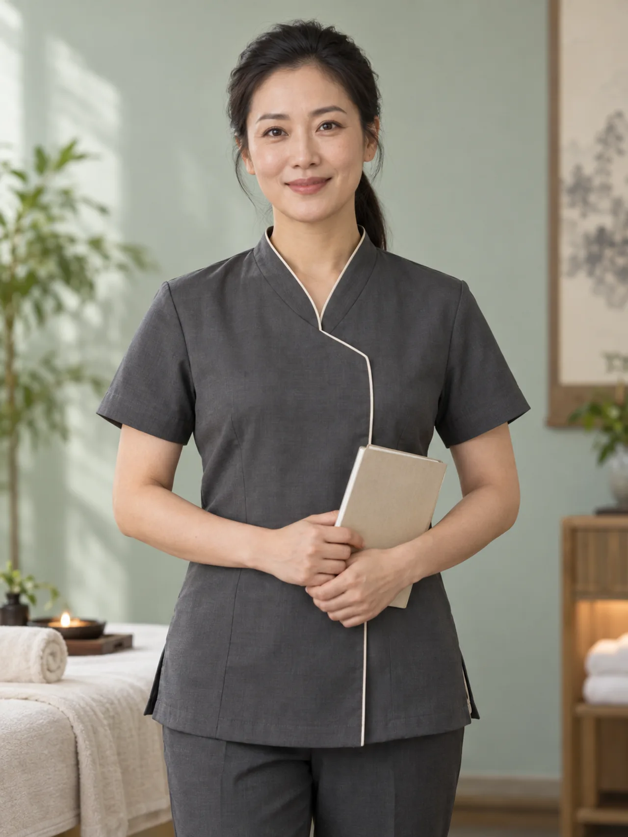 精油护理服务的 AI 生成技师形象示意